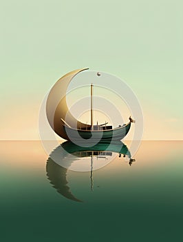 Generative AI: lonely boat in paradisiacal and calm landscape photo
