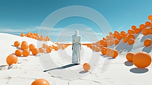 Generative AI. A lonely female figure in a white dress and orange balloons. Blue sky and white desert. Conceptual, creative and