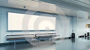 Generative AI Long wide blank white advertisement board mockup template on wall by luggage carousel in a airport b