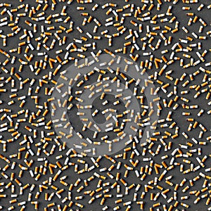 Generative ai. Lots of cigarette filters on the background of gray asphalt. Seamless texture