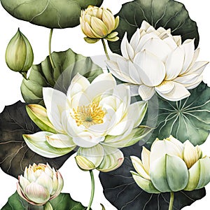 Generative AI. Lotus flowers pattern. Floral background for summer wedding card. Spring nature leaf and blossom
