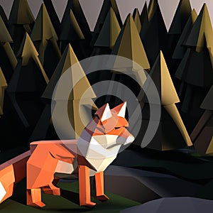 Generative AI of low poly illustration with orange Fox