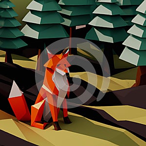 Generative AI of low poly illustration with orange Fox
