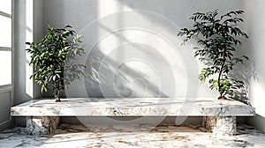 Generative AI Luxury marble table with plant shadow on white wall and stone podium for product placement display.