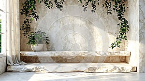 Generative AI Luxury marble table with plant shadow on white wall and stone podium for product placement display.