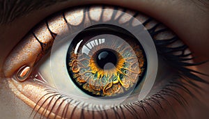Generative AI, Macro human open eye with makeup, fantasy photorealistic horizontal illustration. Futuristic fantasy digital art