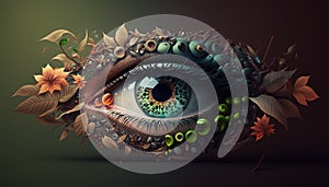 Generative AI, Macro human open eye of nature with leaves, fantasy photorealistic horizontal illustration. Ecology, save nature