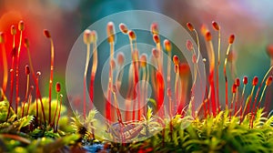 Generative AI Macro of mossy forest floor pohlia or bryum moss Pohlia nutans spore capsules on red stalks in the n