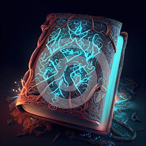 Generative AI: magic book of spells with signs in blue