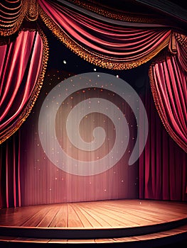 Generative AI: Magic theater stage red curtains Show Spotlight