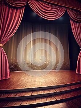 Generative AI: Magic theater stage red curtains Show Spotlight