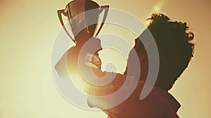 Generative AI a man holding up a gold trophy cup as a winner in a competition toned with a retro vintage instagram