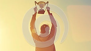 Generative AI a man holding up a gold trophy cup as a winner in a competition toned with a retro vintage instagram