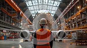 Generative AI. A Man Standing in Front of an Airplane in a Hangar