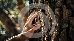 Generative AI A mans hand touch the tree trunk closeup Bark woodCaring for the environment The ecology concept of