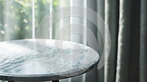 Generative AI Marble table top on blur room interior with window curtain background business concept.