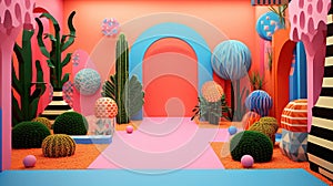 Generative AI, Memphis postmodern style interior with many plants, vibrant colors