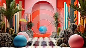 Generative AI, Memphis postmodern style interior with many plants, vibrant colors