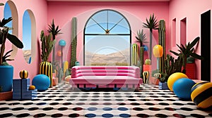Generative AI, Memphis postmodern style interior with many plants, vibrant colors