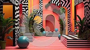 Generative AI, Memphis postmodern style interior with many plants, vibrant colors