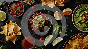 Generative AI Mexican food a flat lay panorama on a black background Nachos tortillas Paloma cocktails guacamole s