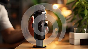 Generative AI, Microphone for podcast, man recording audio, host streaming