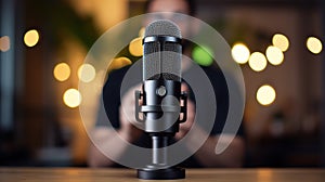 Generative AI, Microphone for podcast, man recording audio, host streaming