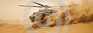 Generative AI, military helicopter takes off in thick dust