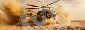 Generative AI, military helicopter takes off in thick dust