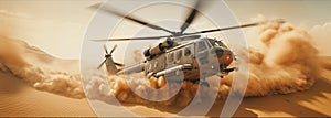 Generative AI, military helicopter takes off in thick dust