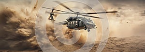 Generative AI, military helicopter takes off in thick dust