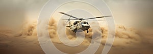 Generative AI, military helicopter takes off in thick dust