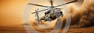 Generative AI, military helicopter takes off in thick dust