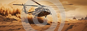 Generative AI, military helicopter takes off in thick dust