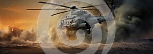 Generative AI, military helicopter takes off in thick dust