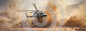 Generative AI, military helicopter takes off in thick dust