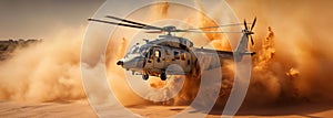 Generative AI, military helicopter takes off in thick dust