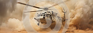 Generative AI, military helicopter takes off in thick dust