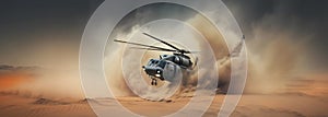 Generative AI, military helicopter takes off in thick dust