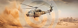 Generative AI, military helicopter takes off in thick dust