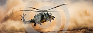Generative AI, military helicopter takes off in thick dust