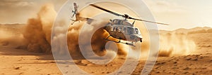 Generative AI, military helicopter takes off in thick dust
