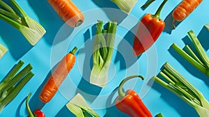 Generative AI minimal flat lay patterrn of leek pepper and carrot on bright blue background composition of vegetab