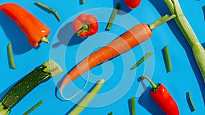 Generative AI minimal flat lay patterrn of leek pepper and carrot on bright blue background composition of vegetab