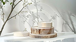 Generative AI Minimal modern product display on white background Wood slice podium and spring brunches Concept sce photo