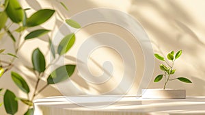 Generative AI Minimal wood white podium with blurred green leaf plant on beige backgroundBeauty cosmetic natural m