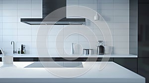 Generative AI Minimalist kitchen with white countertop furniture and wall tiles and black sink induction hob and e