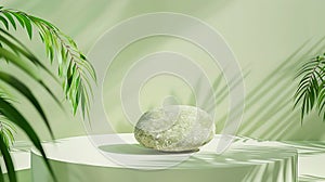 Generative AI Minimalistic scene of a lying stone on a light green background with foliage Podium for the presenta photo