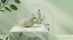 Generative AI Minimalistic scene of a lying stone on a light green background with foliage Podium for the presenta photo