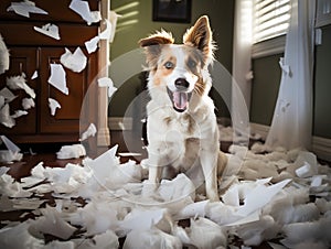 Generative AI. Mischievous dog\'s toilet paper frenzy